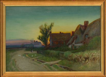 Attributed to Leopold Rivers (1852-1905) - Gouache, Cottage in Sunset Landscape