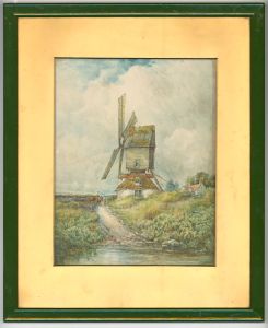 English School 19th Century Watercolour - Windmill and Figures in a Landscape