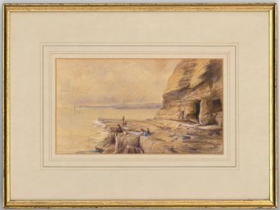 Gilt Framed 19th Century Watercolour - Figures Fishing in a Coastal Landscape