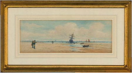 Charles Edward Cox - Signed 1891 Watercolour, Fishermen at Low Tide