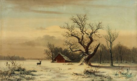 Charles Georges - Signed Late 19th Century Oil, Winter Landscape with Deer