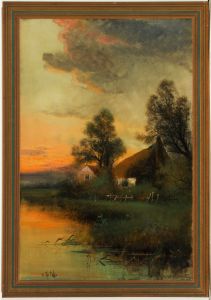 Signed 19th Century Oil - River Landscape at Sunset