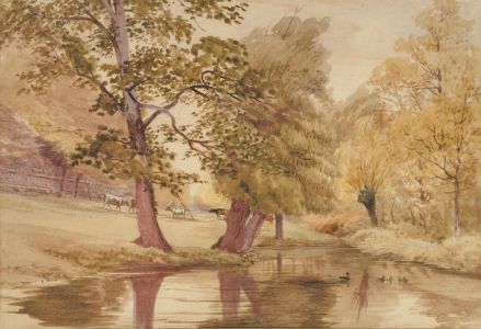 19th Century Watercolour - Grazing Cattle on a Riverside