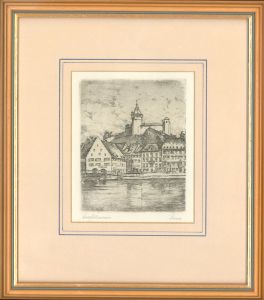 Contemporary Etching - River Town Scene