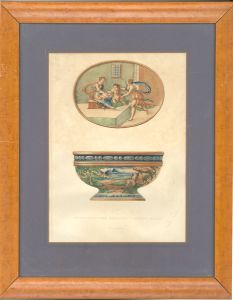 Lemercier & Cie - Pair of 19th Century Lithograph Bookplates, Majolica Bowls