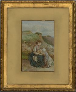 B.F. - 19th Century Watercolour, Mother and Child Resting on a Cliffside