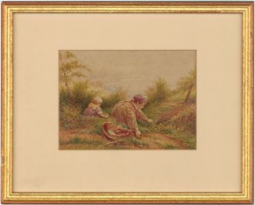 B.F. - 19th Century Watercolour, Children Picking Flowers