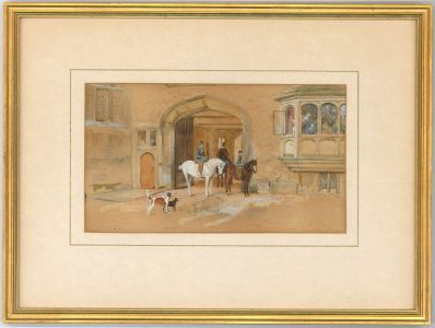 Gilt Framed 19th Century Watercolour - Horses and Riders in a Grand Entryway