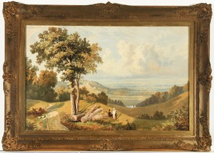 Gilt Framed 19th Century Watercolour- Figures Overlooking an Extensive Landscape