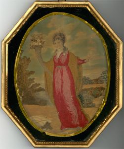 19th Century Embroidery - Gilt Framed Silkwork Picture, Woman with Flowers