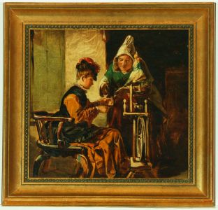 Fine Gilt Framed English School 19th Century Oil - Women Spinning Wool