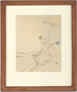 Fine Early 20th Century Pen and Ink Drawing - A Maiden Watching Soldiers