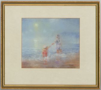 Framed and Signed Mid 20th Century Pastel - Child on the Beach