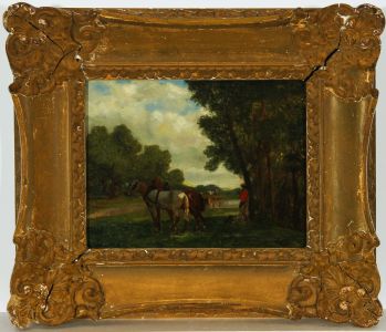 Gilt Frames English School 19th Century Oil - Horses and Rider in Landscape