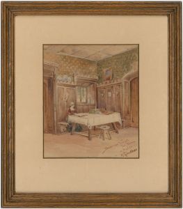 A. Günther - 1893 Watercolour, Interior Scene at Schloss Vorst, South Tryol