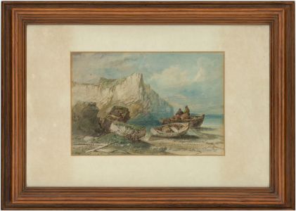 C. Wright - 19th Century Watercolour, Coastal Scene with Fishermen and Rowboats