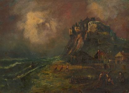 H. Jawson- English School 19th Century Oil, Fishermen on Beach with Castle Above