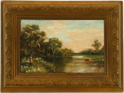 Gilt Framed 19th Century Oil - River Scene with Children