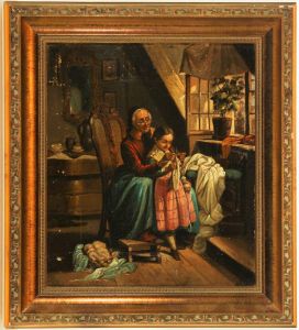 Continental School, Gilt Framed Mid 19th Century Oil - The Knitting Lesson