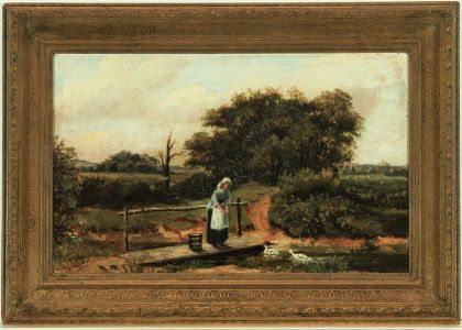J. Barlow - Fine Gilt Framed 1877 Oil, Woman Feeding Ducks