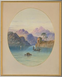 E.L. Herring - Oval 19th Century Watercolour, Mountainous River Landscape