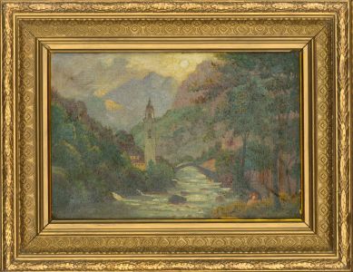 19th Century Oil - Continental River Landscape with Bell Tower