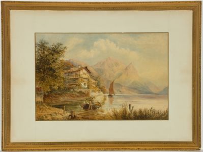 English School 19th Century Watercolour - Lake Landscape With Figures in a Boat