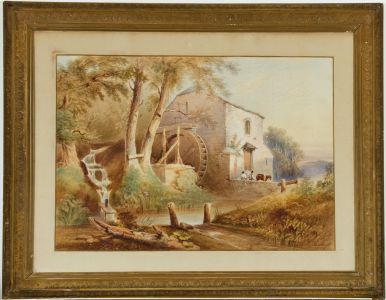 W. Stevens - 19th Century Watercolour, Figures in a Water Mill Scene
