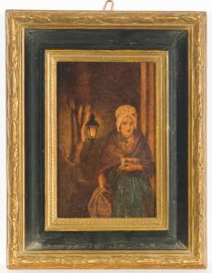 Gilt Framed 20th Century Oil on a Printed Base - Woman with Book