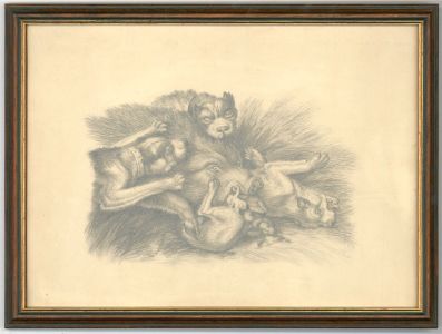 Framed Early 20th Century Graphite Drawing - The Hog and Dogs