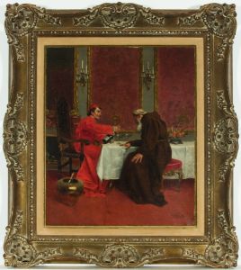 Rudolf Ernst (1854-1932) - Signed Oil, Bishop and Monk in an Elegant Interior