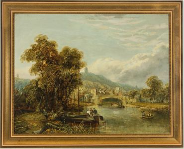 Framed English School 19th Century Oil - Boats in a River Landscape