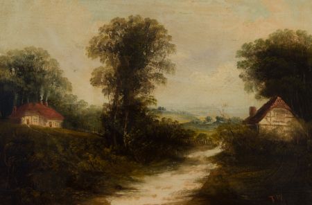 T.W. - English School 19th Century Oil, Rural English Landscape with Cottages