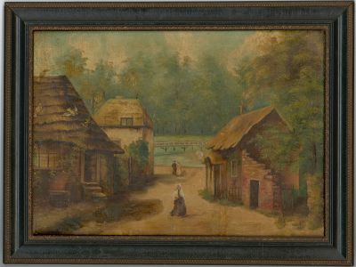 R.M. - Framed 19th Century Oil, Rustic Village Scene