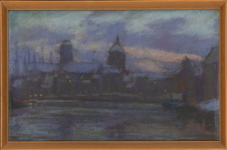 - Impressionistic 1924 Pastel, Dutch Cityscape by Moonlight
