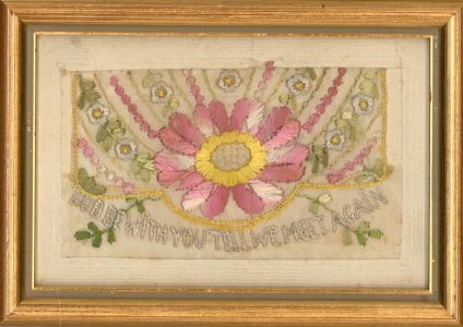 Set of 3 Miniature 19th Century Silkscreen Embroideries - Illustrated Greetings
