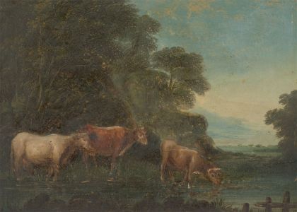 18th Century Oil - Landscape with Cattle Watering