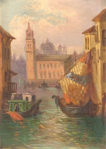 J.P. Trafford - Signed 1891 Oil, Venice River Scene