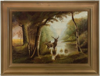Framed English School 19th Century Oil - Stags Watering