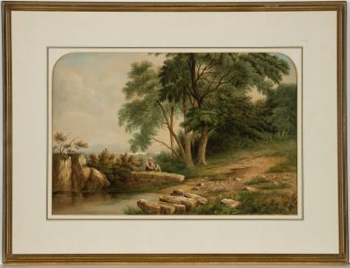 J.W. Tuton - Framed 1856 Watercolour, Landscape with Figures Beside a Pond