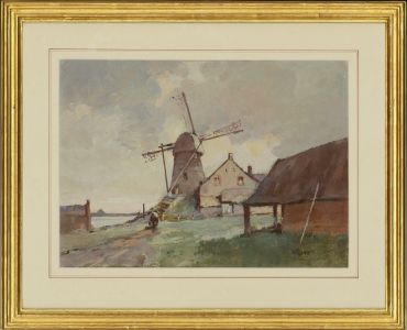 William Eyre (1891-1979) - Signed Gouache, Dutch Windmill in a Landscape