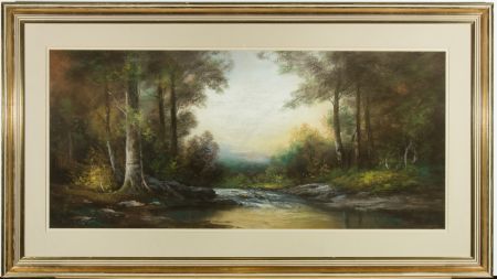 H. Lewis - Signed Contemporary Pastel, River Through a Forest at Dusk