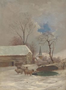 Fine English School 19th Century Oil - Winter Farm Landscape with Sheep