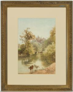 Basil Holmes - 19th Century Watercolour, Cattle Watering in a River Landscape