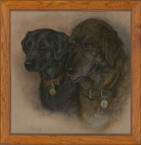 Marjorie Cox - Signed & Framed 1996 Pastel, Pair of Labrador Retrievers