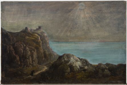 Large 19th Century Oil - Atmospheric Coastal Landscape with Figure