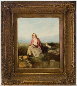 Mid 19th Century Oil - Young Lady with Lambs