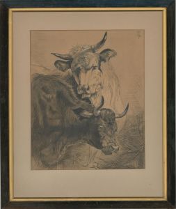 Louis Ollier - 20th Century Pen and Ink Drawing, Portrait of Two Bulls