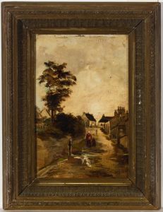 Framed 1882 Oil - Village Street Scene
