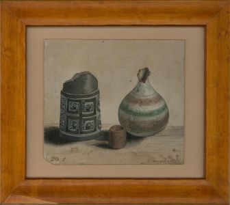 R. Inwards - Miniature 1868 Watercolour, Still Life with a Vase and Stoneware